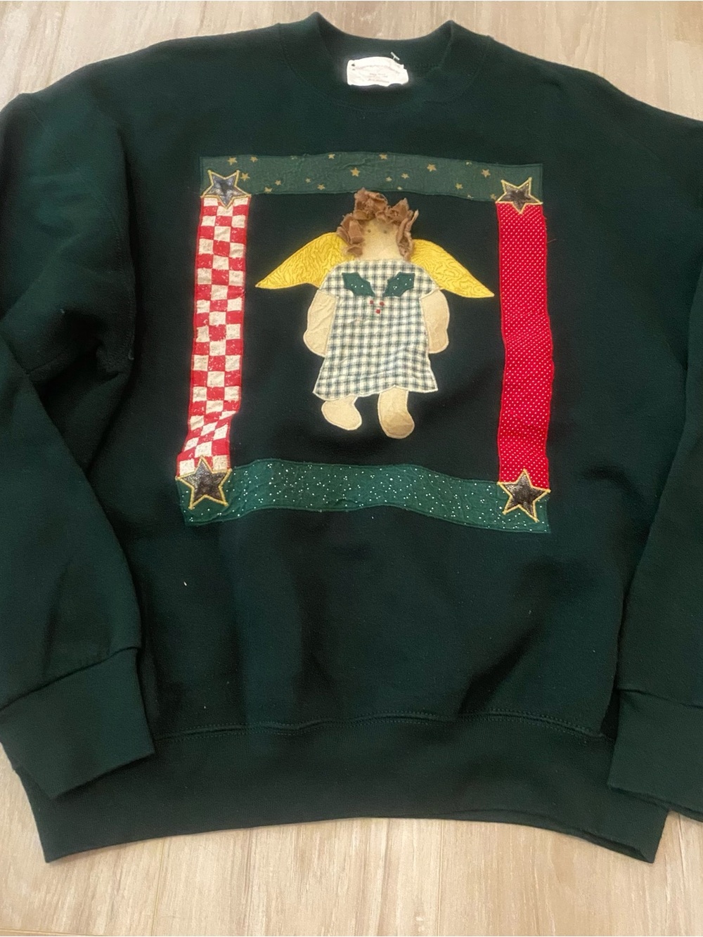 Vintage Women’s Holiday Dark Green Sweatshirt with Angel Applique XL